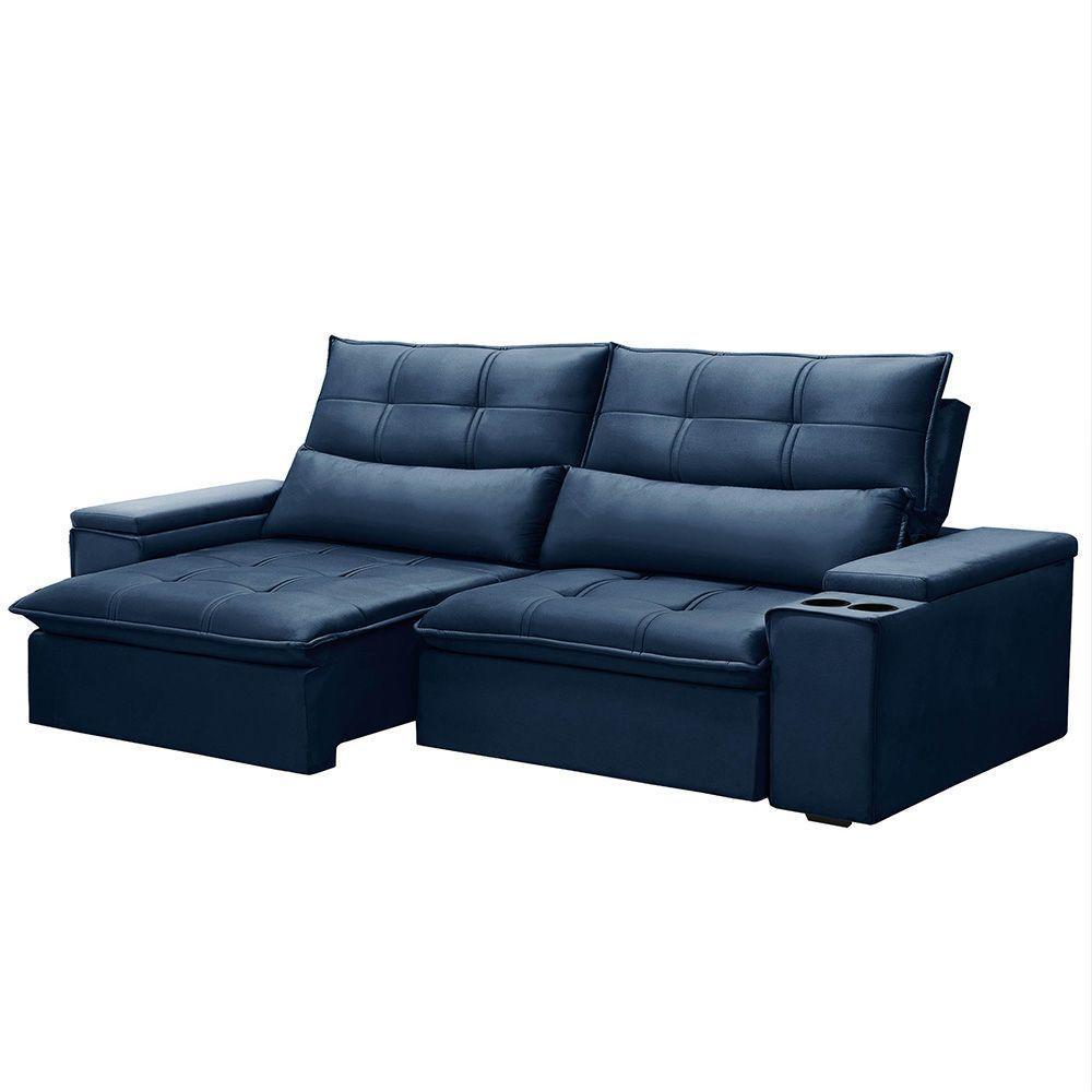 Sofá Retrátil Reclinável 3 Lugares 210Cm Moritz F05 Veludo Azul - Mpozenato - 1