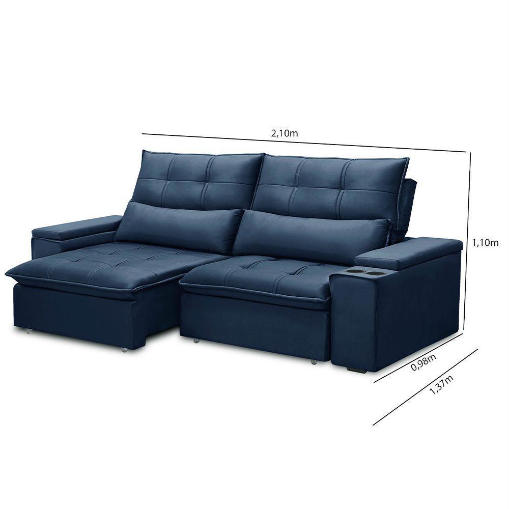 Sofá Retrátil Reclinável 3 Lugares 210Cm Moritz F05 Veludo Azul - Mpozenato - 3