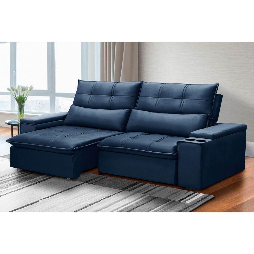 Sofá Retrátil Reclinável 3 Lugares 210Cm Moritz F05 Veludo Azul - Mpozenato - 5