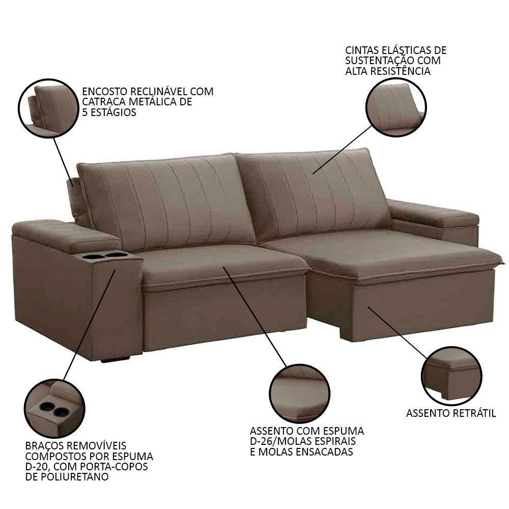 Sofá Retrátil Reclinável 3 Lugares 205cm Baluart F05 Veludo Castor - Mpozenato - 5