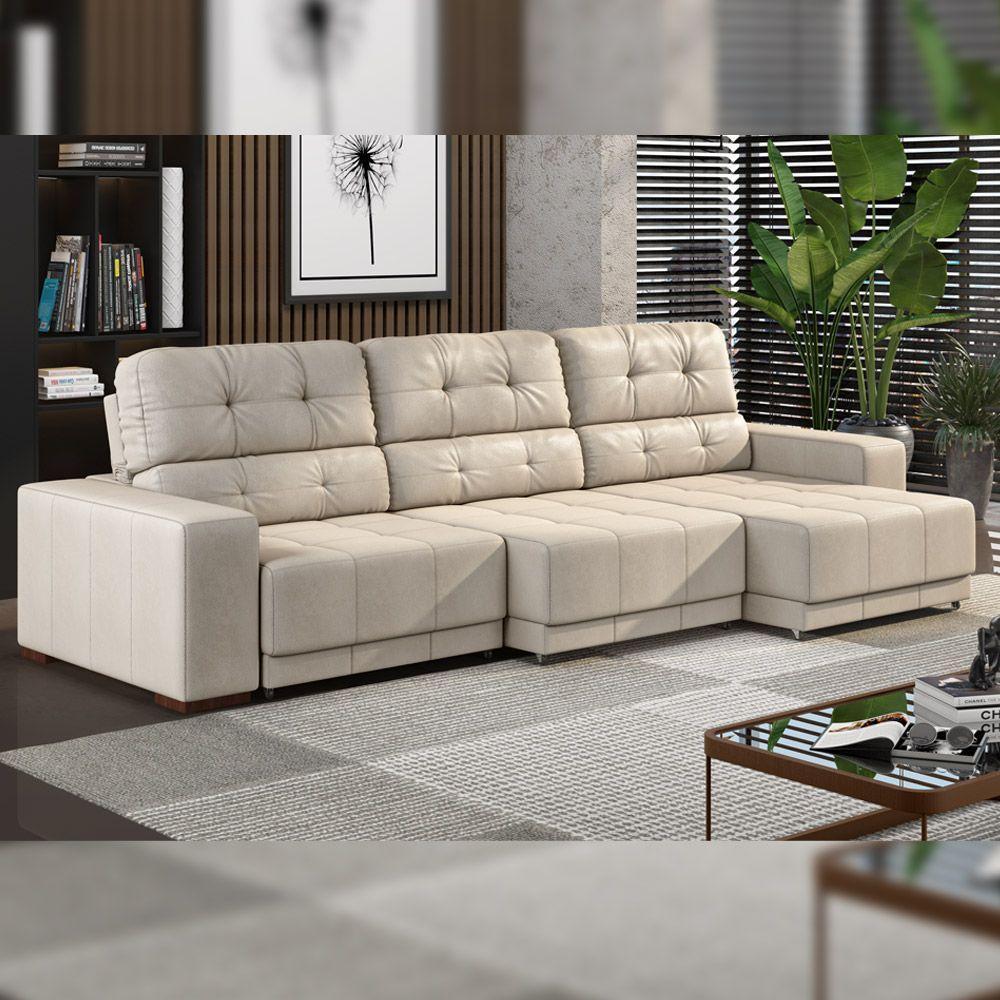 Sofá Sala De Estar Retrátil E Reclinável 5 Lugares Lisboa 320cm Couro Off White G58 - Gran Belo - 1