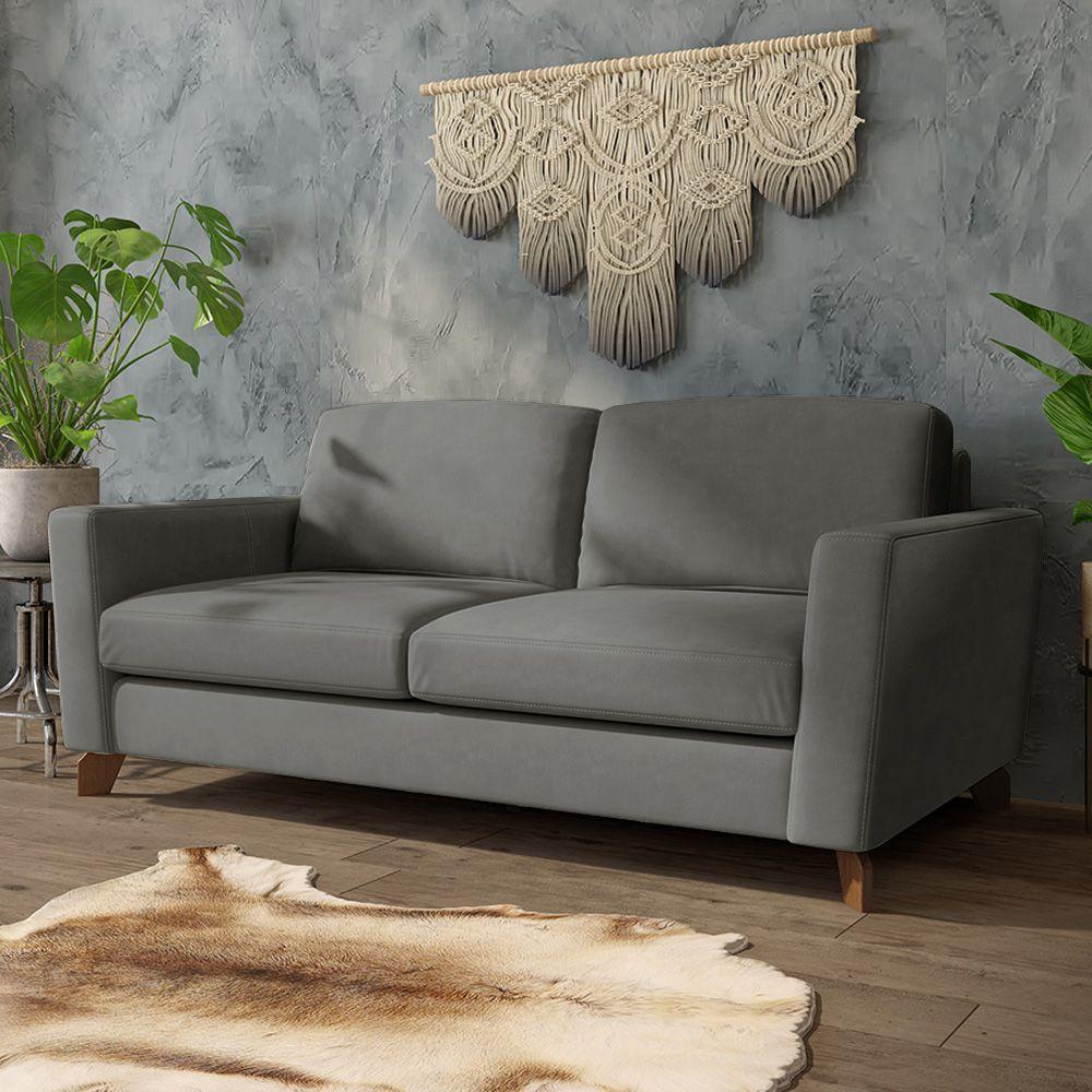 Sofá Sala De Estar Living 3 Lugares 280cm Presley Pés Madeira Veludo Cinza G52 - Gran Belo - 1