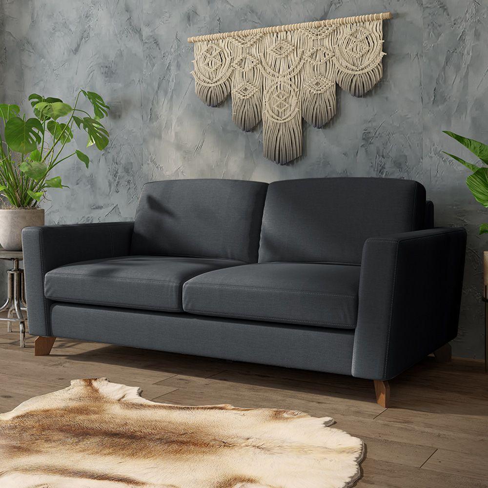 Sofá Sala De Estar Living 3 Lugares 240cm Presley Pés Madeira Linho Cinza Escuro G52 - Gran Belo - 1