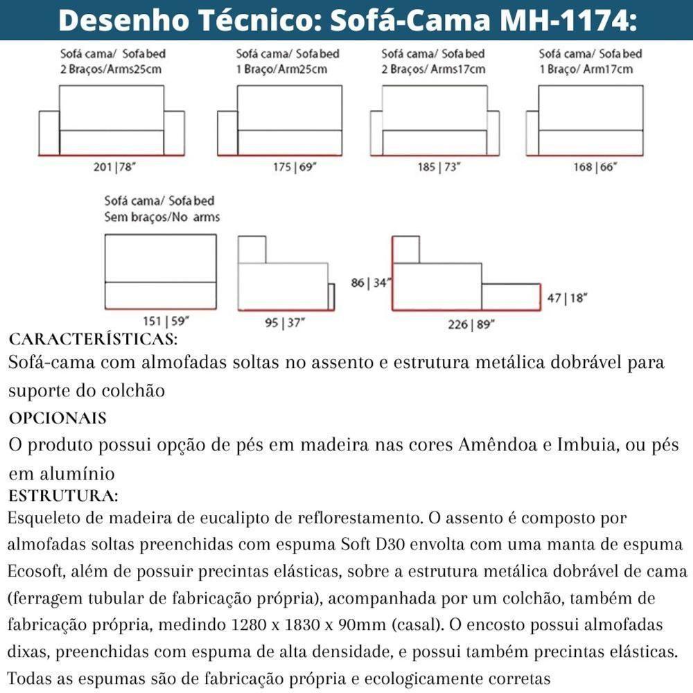 Sofá-Cama 3 Lugares Mh-1174 Herval 201 Cm Colchão Casal Linho Creme C1 Pé Madeira Amêndoa - 3
