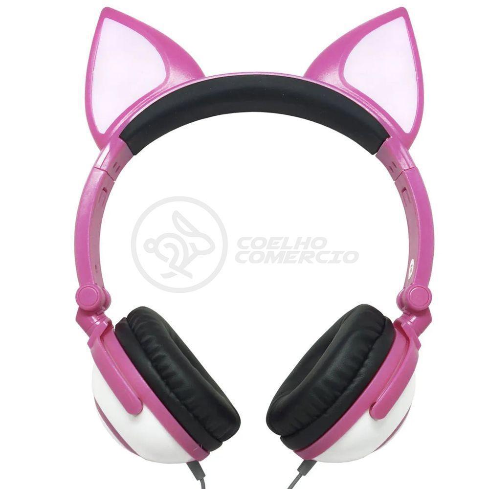 Fone De Ouvido Gatinho Fio Com Led Dobrável Microfone Rosa - 1