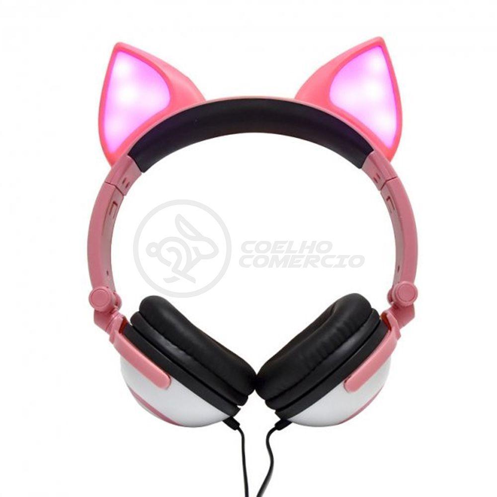 Fone De Ouvido Gatinho Fio Com Led Dobrável Microfone Rosa - 1