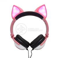 Fone De Ouvido Gatinho Fio Com Led Dobrável Microfone Rosa - 1