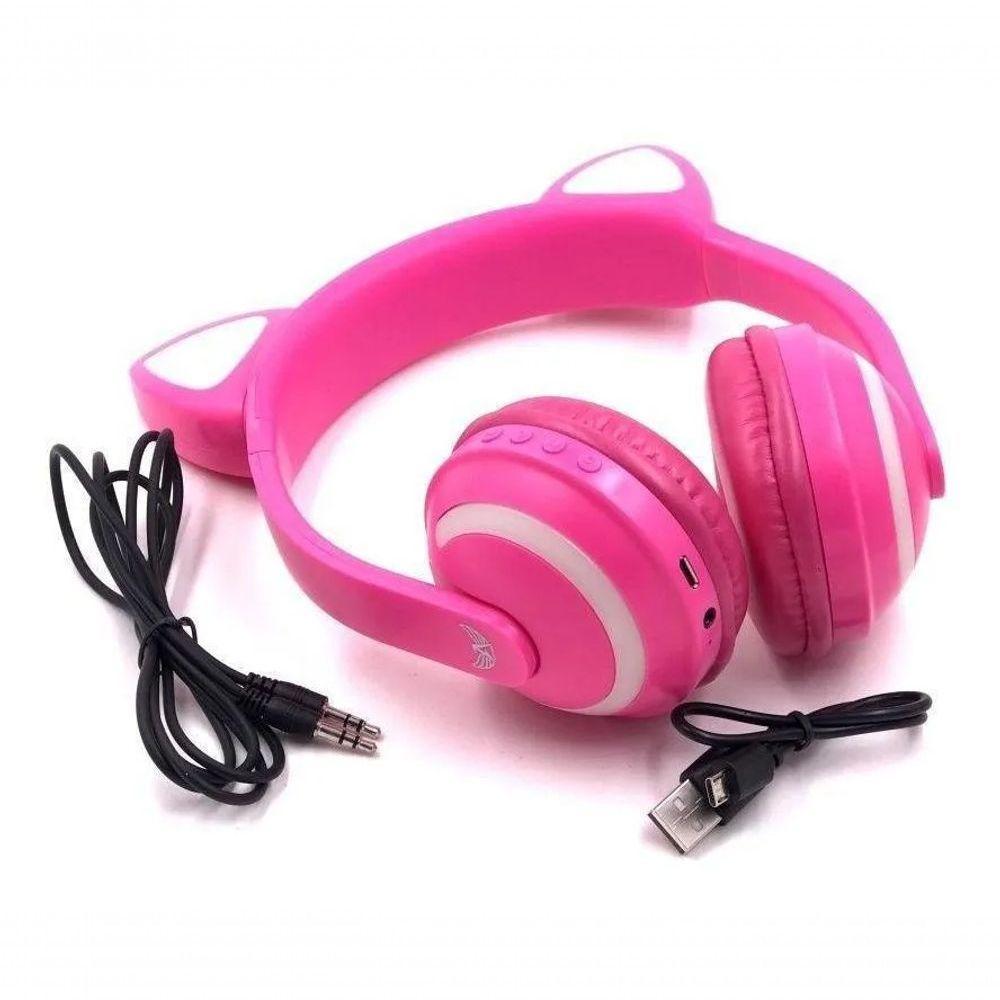Headphone Bluetooth Orelhas Led Fone Gatinho Rosa - 2