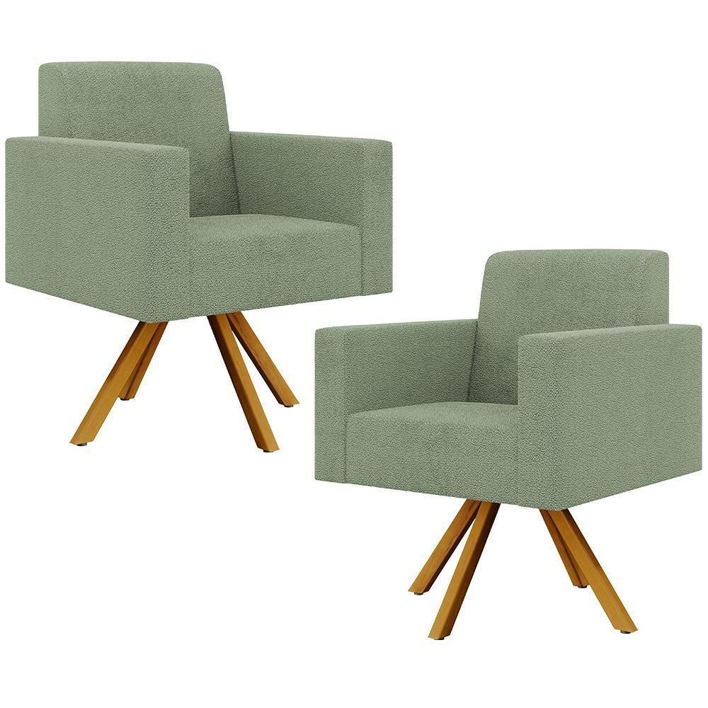 Kit 02 Poltronas Giratória Sala De Estar Base De Madeira Helô L02 Bouclê Oliva - 1