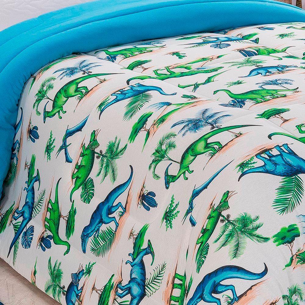 Edredom Fantasy Dinossauro Solteiro Infantil Tecido Malha 100% Algodão Macio Antialérgico - Azul - 1