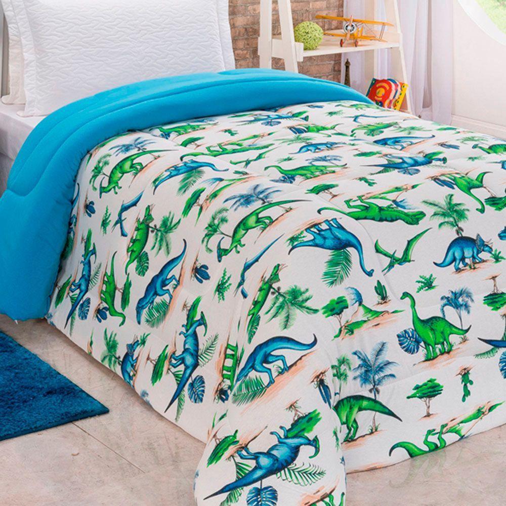 Edredom Fantasy Dinossauro Solteiro Infantil Tecido Malha 100% Algodão Macio Antialérgico - Azul - 4