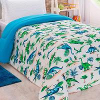 Edredom Fantasy Dinossauro Solteiro Infantil Tecido Malha 100% Algodão Macio Antialérgico - Azul - 4