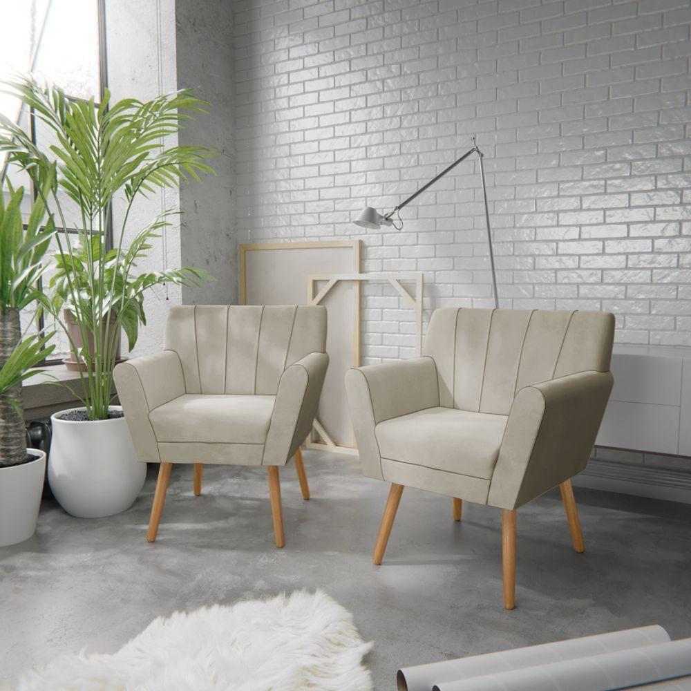 Kit 02 Poltronas Laura Pés Palito Linho Bege - 1