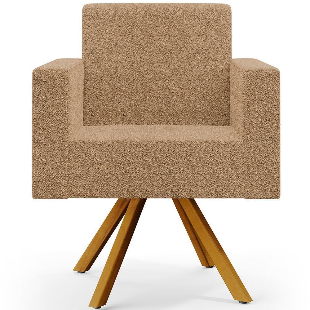 Kit 02 Poltronas Decorativa Giratória Base De Madeira Helô L02 Bouclê Mostarda - 4