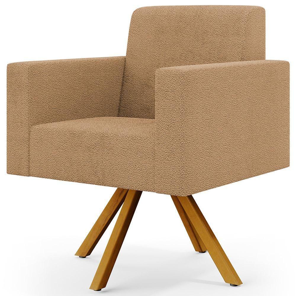 Kit 02 Poltronas Decorativa Giratória Base De Madeira Helô L02 Bouclê Mostarda - 7