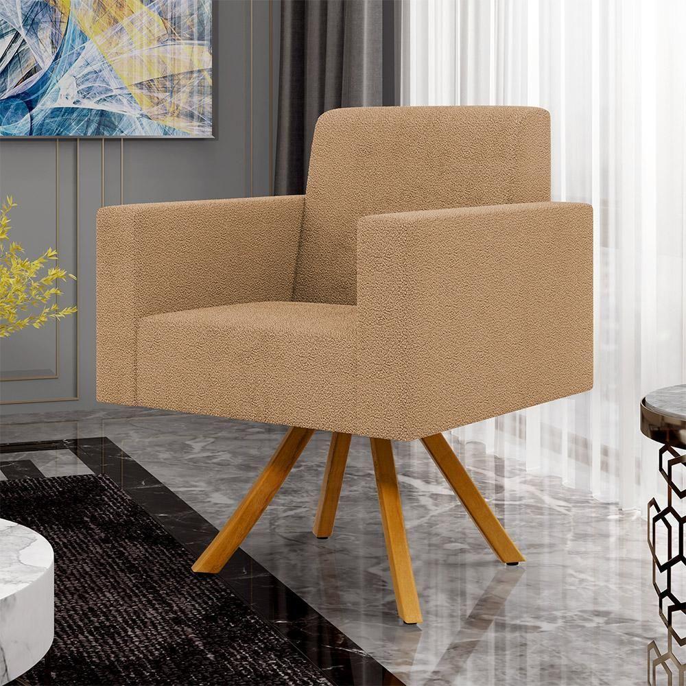 Kit 02 Poltronas Decorativa Giratória Base De Madeira Helô L02 Bouclê Mostarda - 8