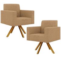 Kit 02 Poltronas Decorativa Giratória Base De Madeira Helô L02 Bouclê Mostarda - 1