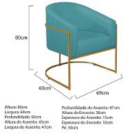 Kit 02 Poltronas Luiza Base De Ferro Dourado Suede Azul Turquesa - 6