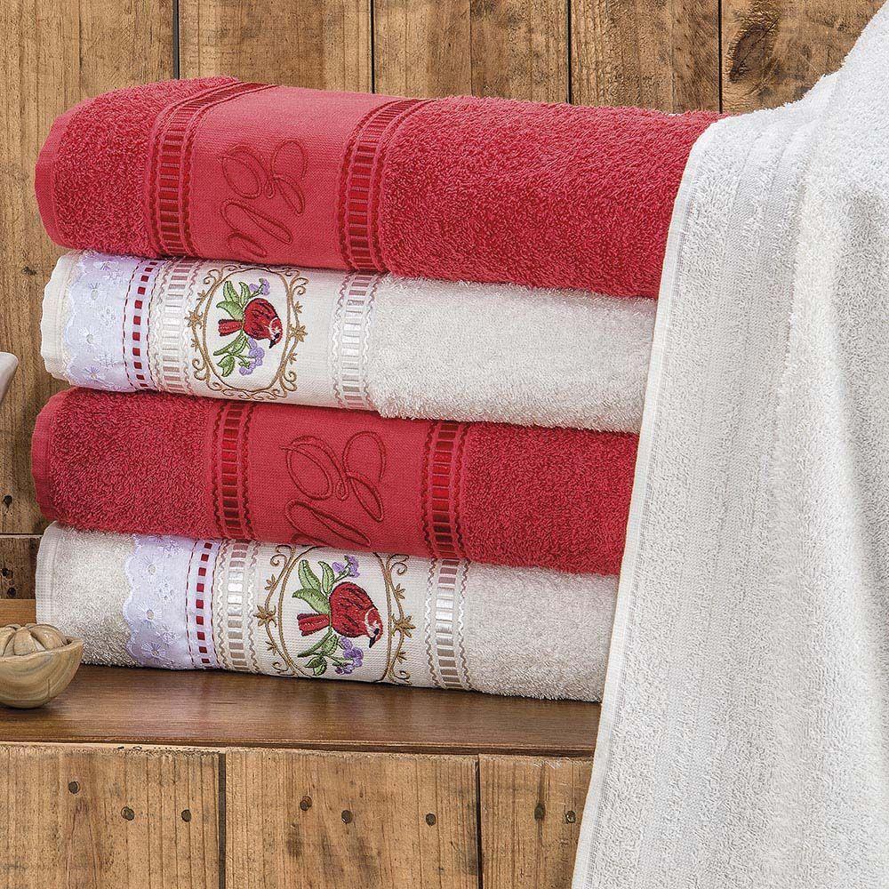 Jogo De Banho Toalhas Ponto Russo 100% Algodão Macio 05 Peças Bordado - Vermelho - 1