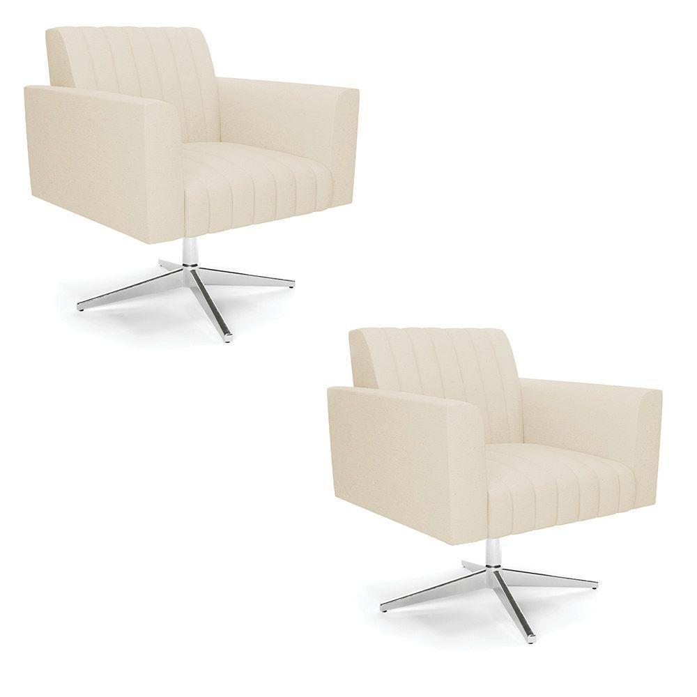 Kit 2 Poltronas Giratória Viena Gomada Linho Bege A19 Base Cromada - D'rossi - 1