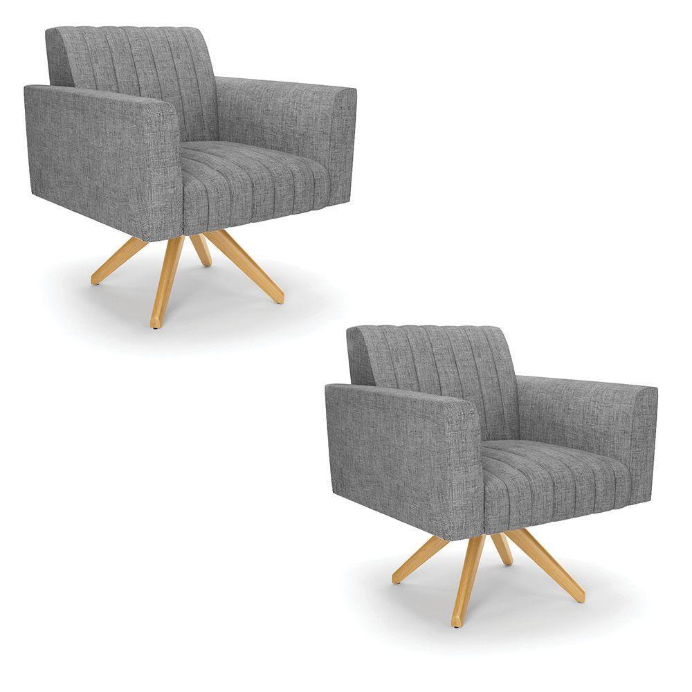 Kit 2 Poltronas Giratória Viena Gomada Linho Base De Madeira Ma30 - D'rossi Cor A26 Grafite - 1