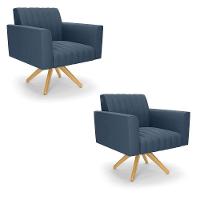 Kit 2 Poltronas Giratória Viena Gomada Suede Azul Marinho Base De Madeira Ma30 - D'rossi - 1