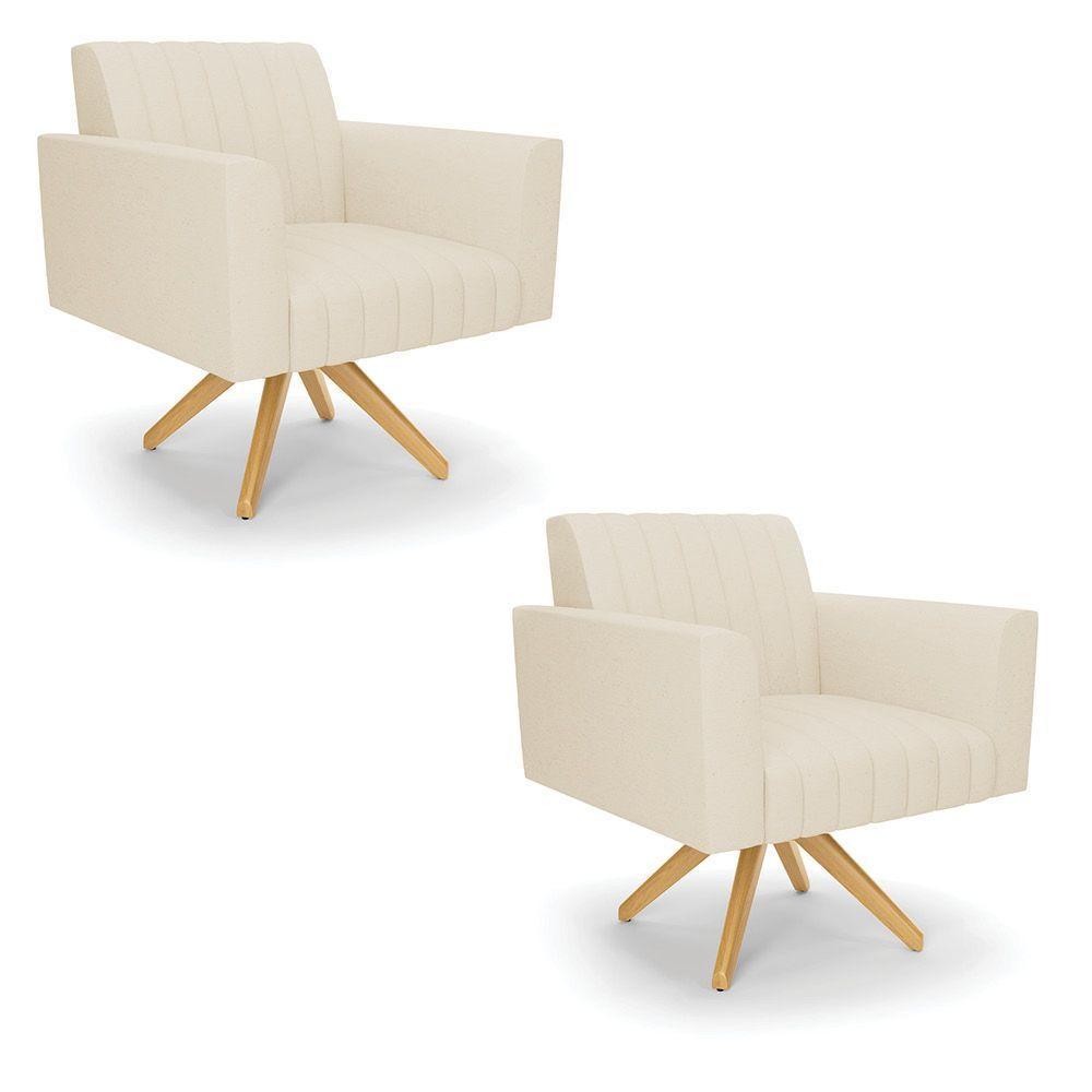 Kit 2 Poltronas Giratória Viena Gomada Linho Bege A19 Base De Madeira Ma30 - D'rossi - 1