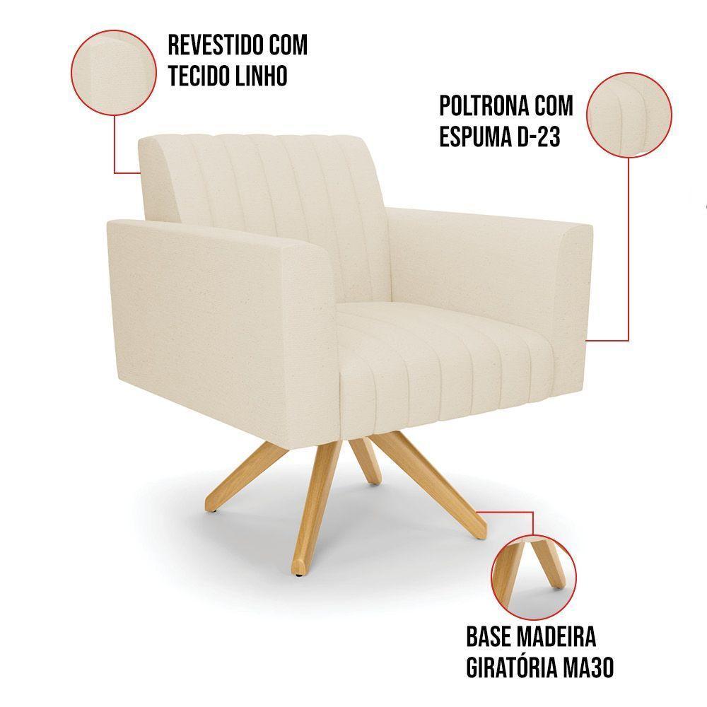 Kit 2 Poltronas Giratória Viena Gomada Linho Bege A19 Base De Madeira Ma30 - D'rossi - 3