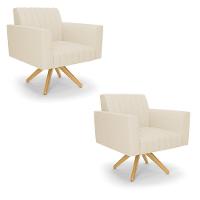 Kit 2 Poltronas Giratória Viena Gomada Linho Bege A19 Base De Madeira Ma30 - D'rossi - 1
