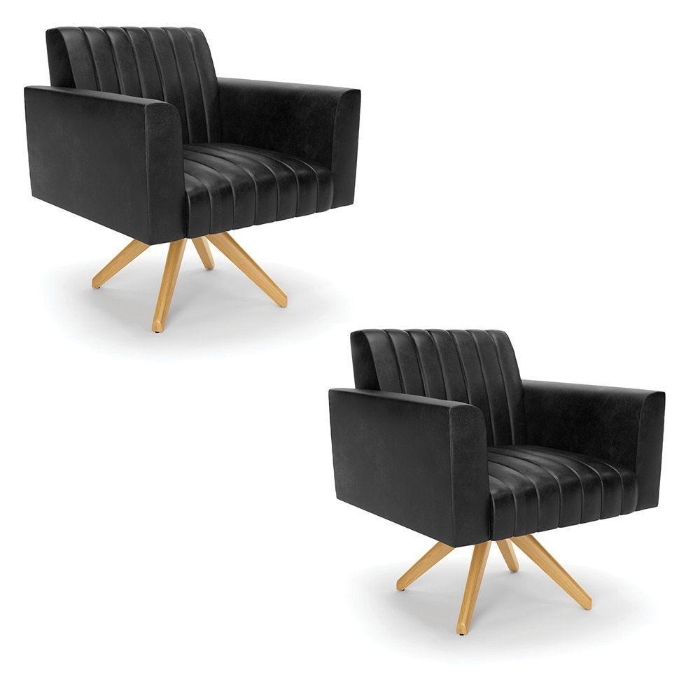 Kit 2 Poltronas Giratória Viena Gomada Corano Preto Base De Madeira Ma30 - D'rossi - 1