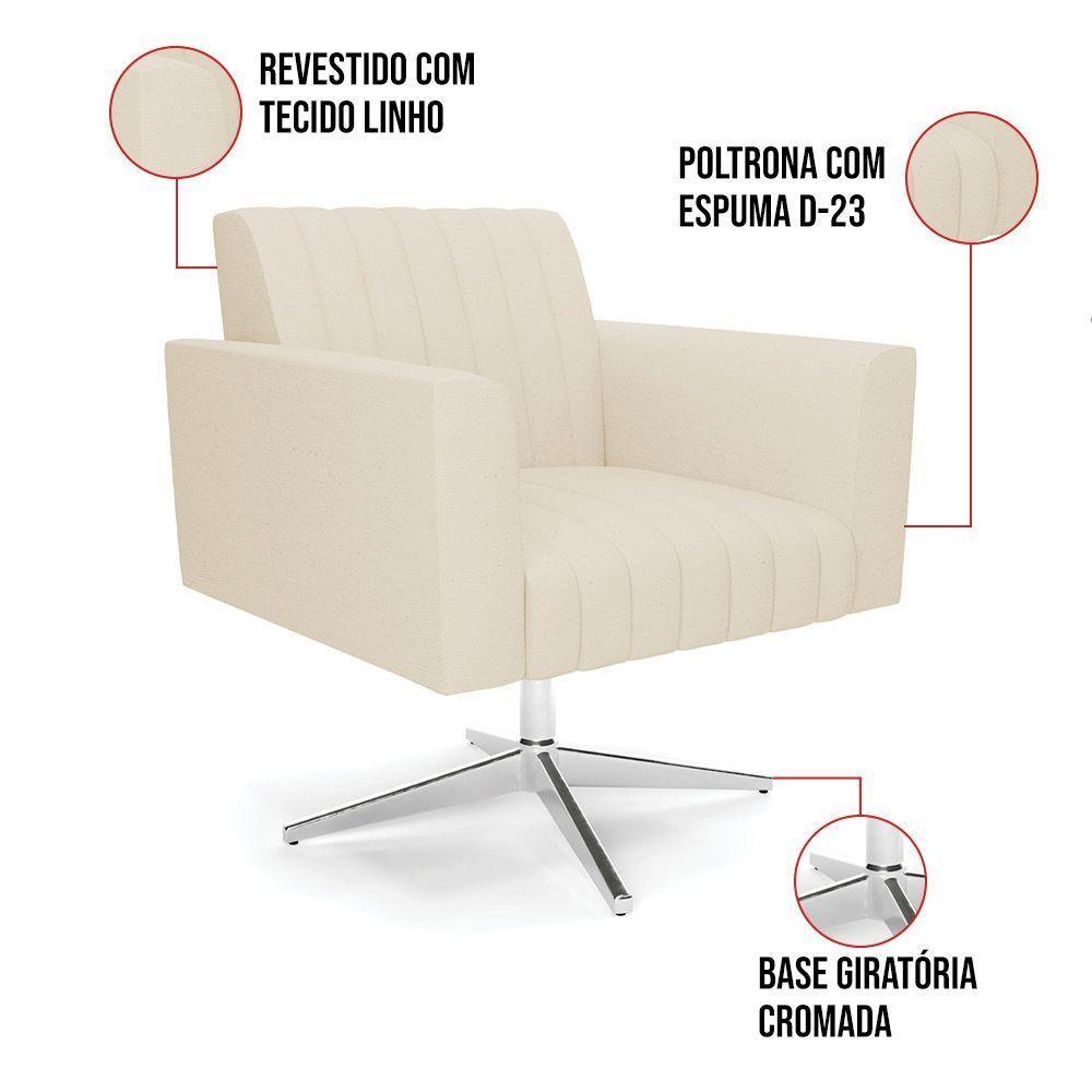 Kit 2 Poltronas Giratória Viena Gomada Linho Base Cromada - D'rossi Cor A19 Bege - 5