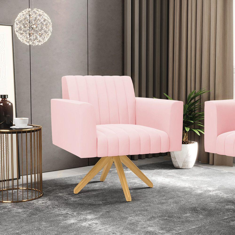 Kit 2 Poltronas Giratória Viena Gomada Suede Base De Madeira Ma30 - D'rossi Cor Rosa Bebê - 3