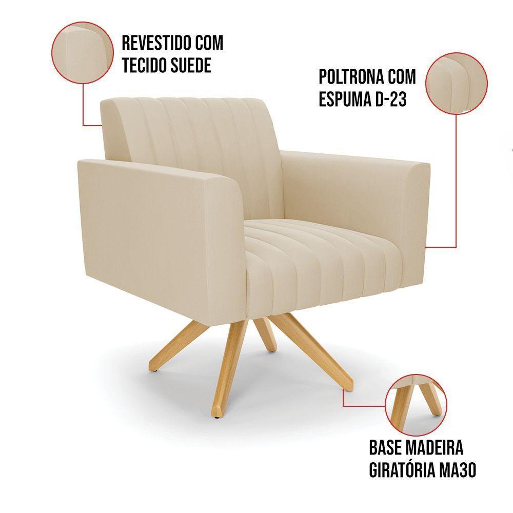 Kit 2 Poltronas Giratória Viena Gomada Suede Base De Madeira Ma30 - D'rossi Cor Bege - 3