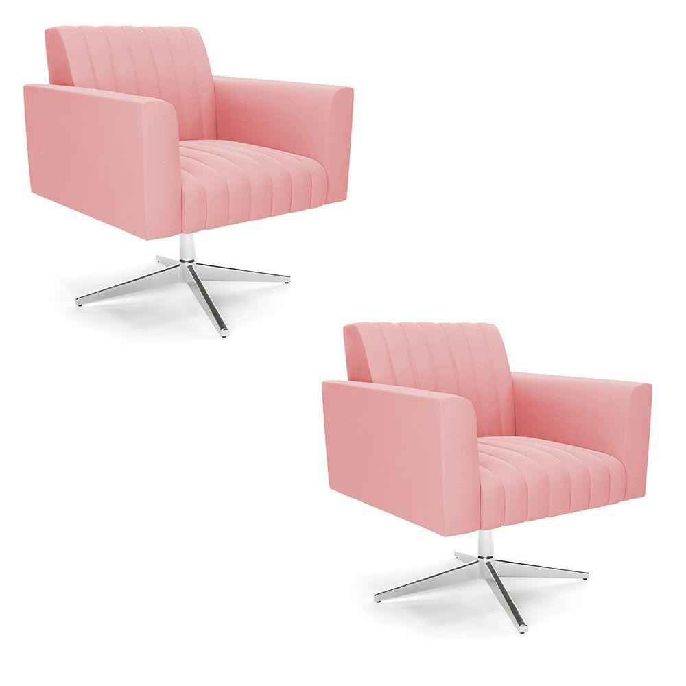 Kit 2 Poltronas Giratória Viena Gomada Suede Base Cromada - D'rossi Cor Rose - 1