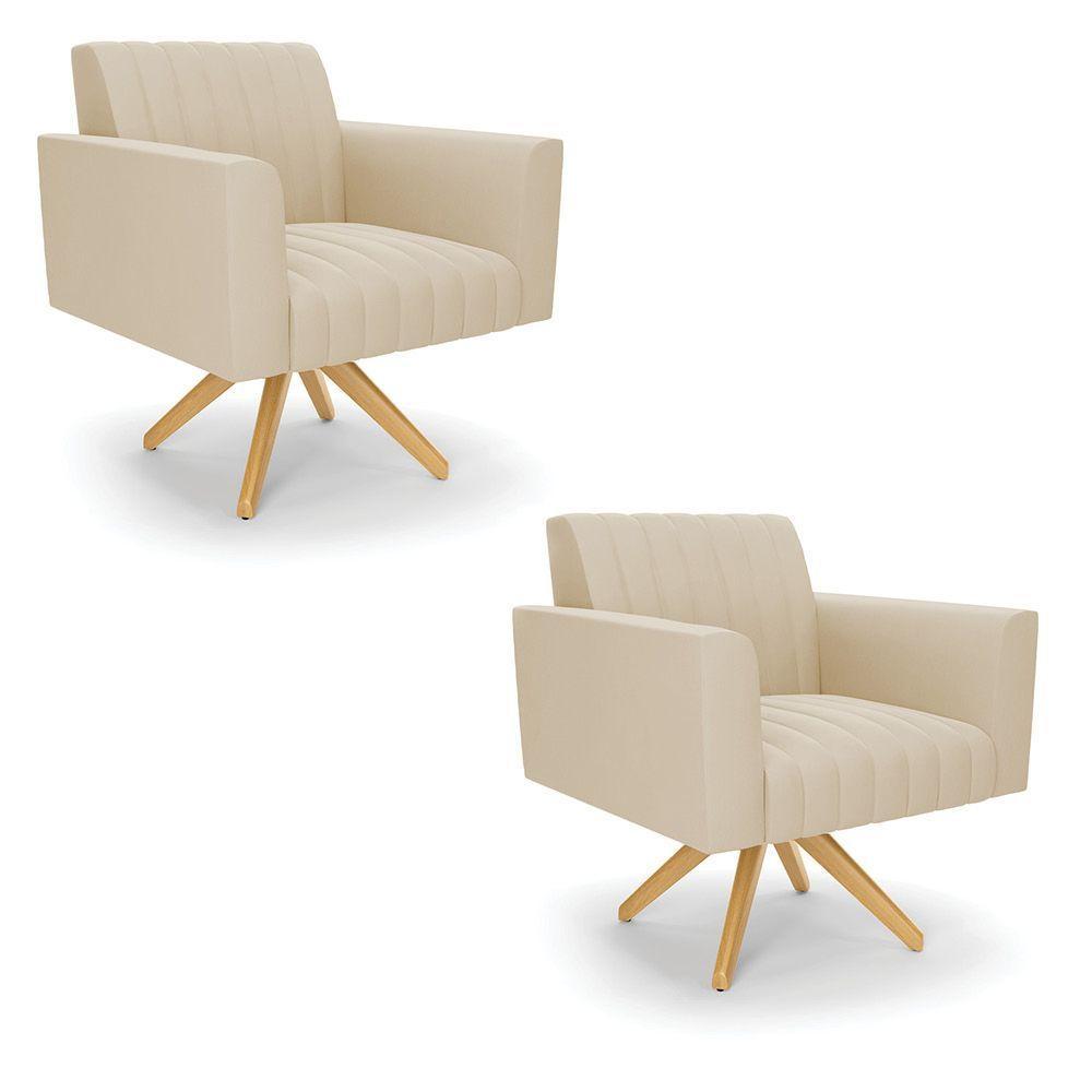 Kit 2 Poltronas Giratória Viena Gomada Suede Bege Base De Madeira Ma30 - D'rossi - 1