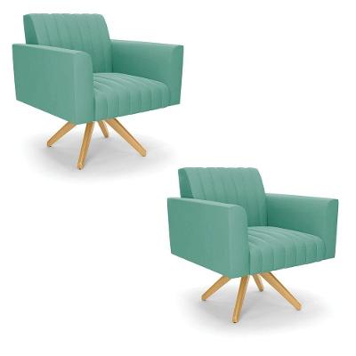 Kit 2 Poltronas Giratória Viena Gomada Suede Base De Madeira Ma30 - D'rossi Cor Azul Turquesa
