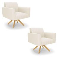 Kit 2 Poltronas Giratória Viena Gomada Veludo Bege Base De Madeira Ma30 - D'rossi - 1
