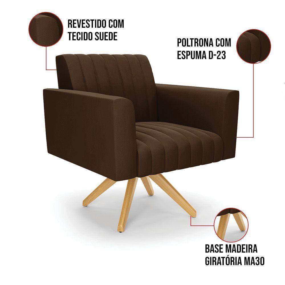 Kit 2 Poltronas Giratória Viena Gomada Suede Marrom Base De Madeira Ma30 - D'rossi - 3