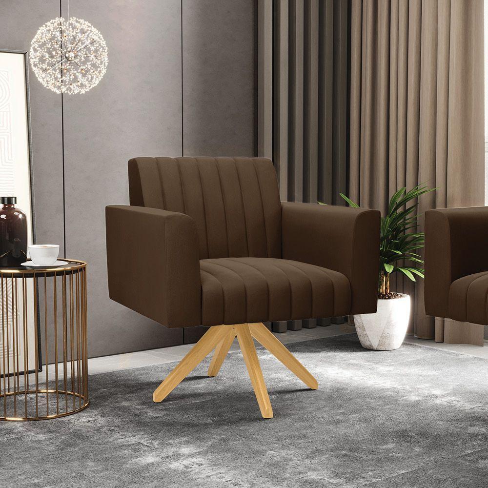 Kit 2 Poltronas Giratória Viena Gomada Suede Marrom Base De Madeira Ma30 - D'rossi - 7