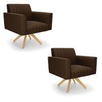Kit 2 Poltronas Giratória Viena Gomada Suede Marrom Base De Madeira Ma30 - D'rossi - 1