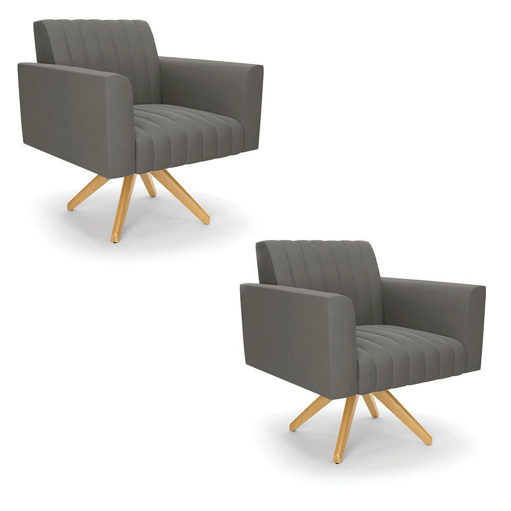 Kit 2 Poltronas Giratória Viena Gomada Suede Grafite Base De Madeira Ma30 - D'rossi - 1