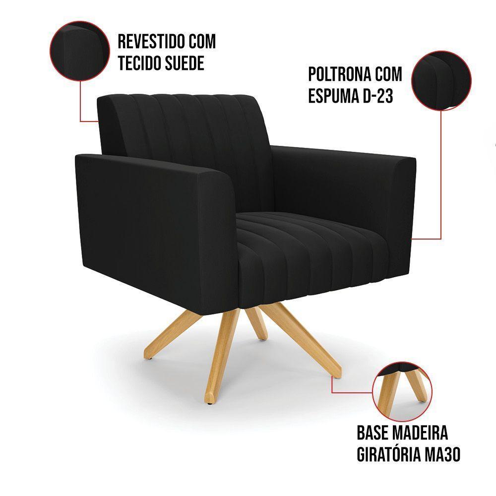 Kit 2 Poltronas Giratória Viena Gomada Suede Preto Base De Madeira Ma30 - D'rossi - 3