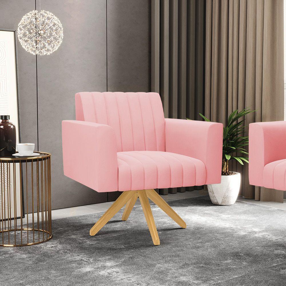 Kit 2 Poltronas Giratória Viena Gomada Suede Base De Madeira Ma30 - D'rossi Cor Rose - 7