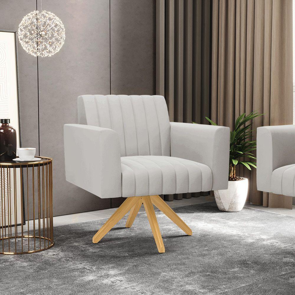 Kit 2 Poltronas Giratória Viena Gomada Veludo Cinza Base De Madeira Ma30 - D'rossi - 7