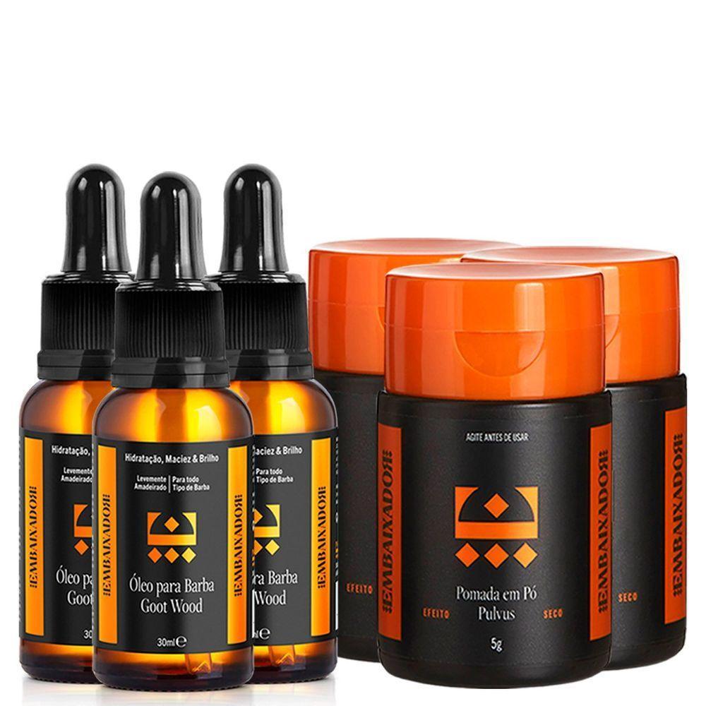 Kit 03 Óleo Barba Goot Wood + 03 Pomada Em Pó Pulvus Embaixador 30Ml - 1