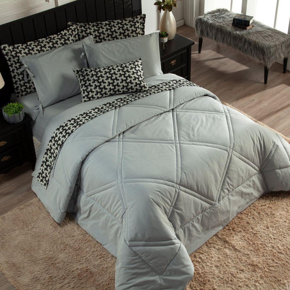 Kit Edredom C/ Lençol Liso Áquila Dupla Face Queen Cinza - 5