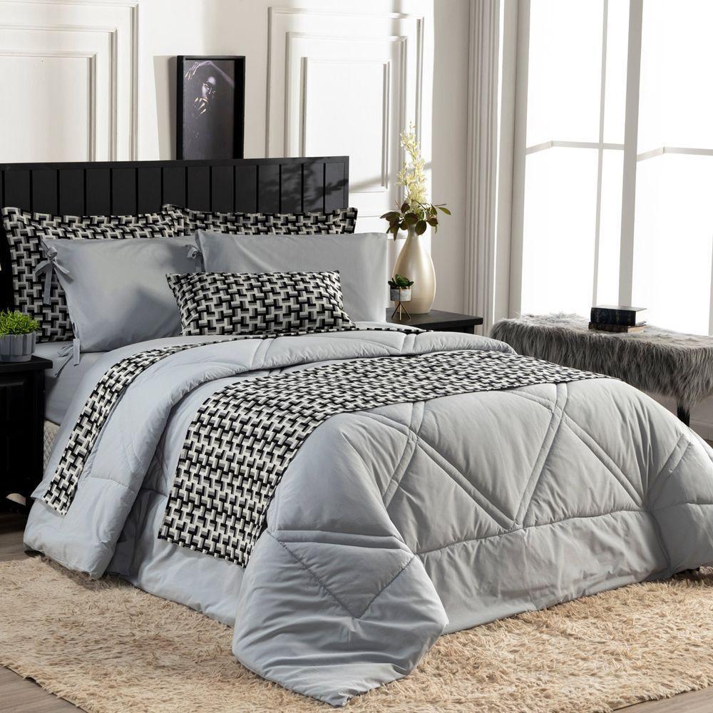 Kit Edredom C/ Lençol Liso Áquila Dupla Face King Cinza - 1