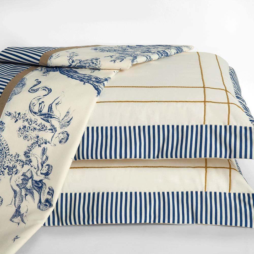 Kit Edredom Casal Queen Nobreza Com Lençol 07 Peças Percal 180 Fios Estampado - Palha Com Azul - 2