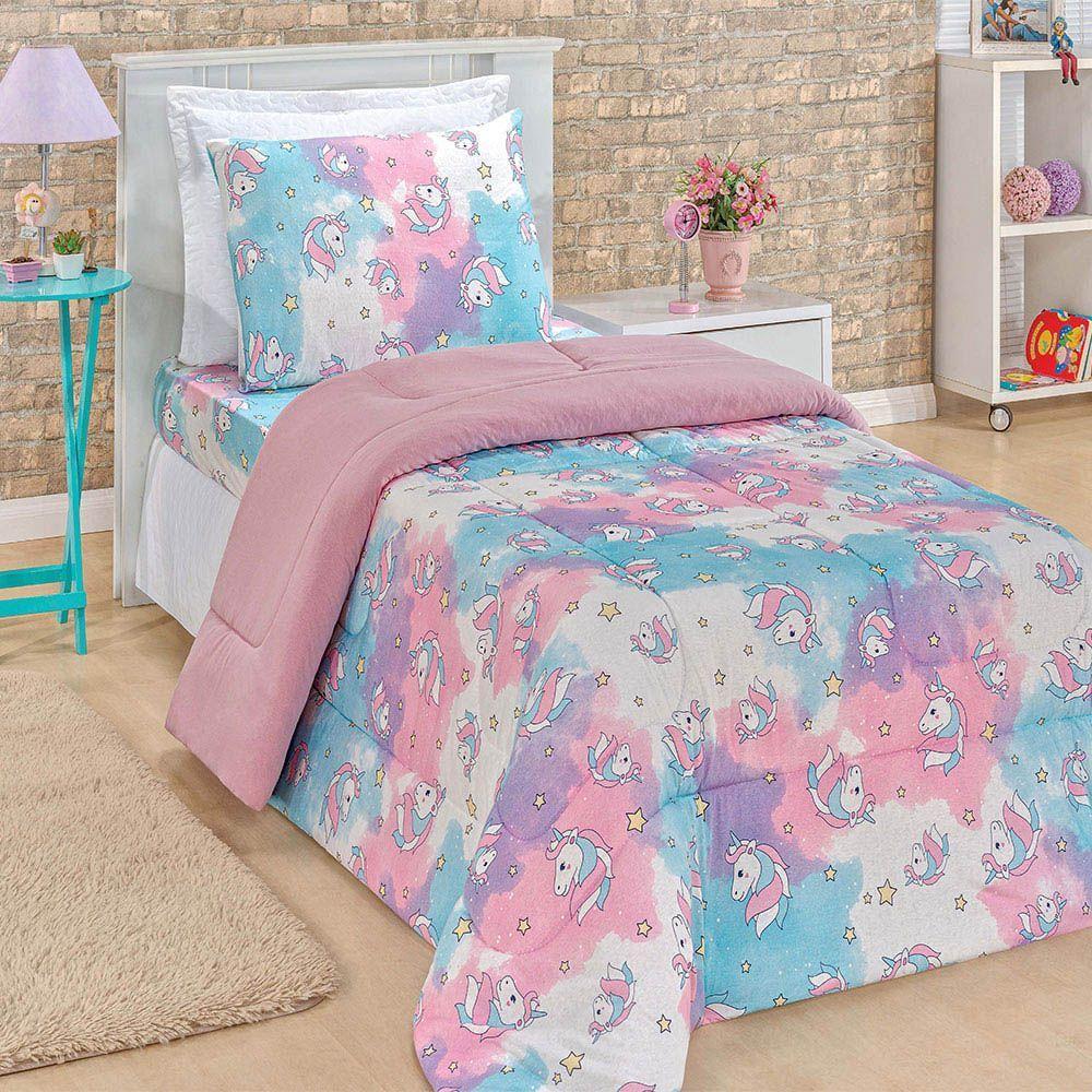 Kit Edredom Fantasy Unicórnio C/ Jogo Lençol 03 Peças Solteiro Tecido Malha 100% Algodão - Rosa - 1