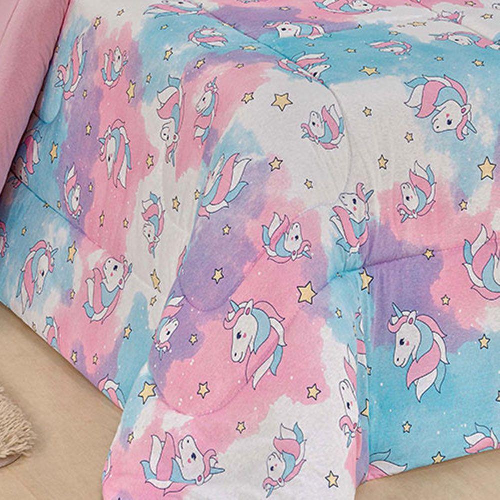 Kit Edredom Fantasy Unicórnio C/ Jogo Lençol 03 Peças Solteiro Tecido Malha 100% Algodão - Rosa - 5